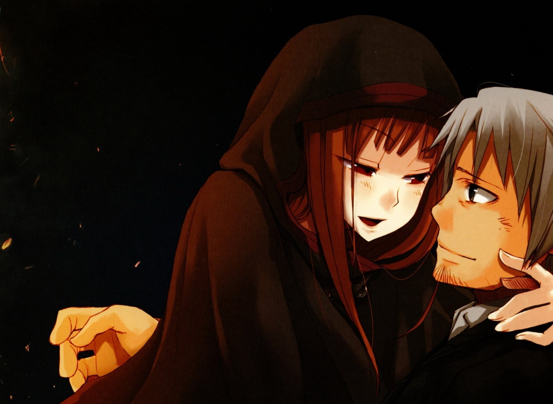 HD desktop wallpaper featuring Kraft Lawrence and Holo from the anime Spice and Wolf. Holo with red eyes and grey hair, in a coat with a hood, gazes at a smiling Kraft Lawrence.