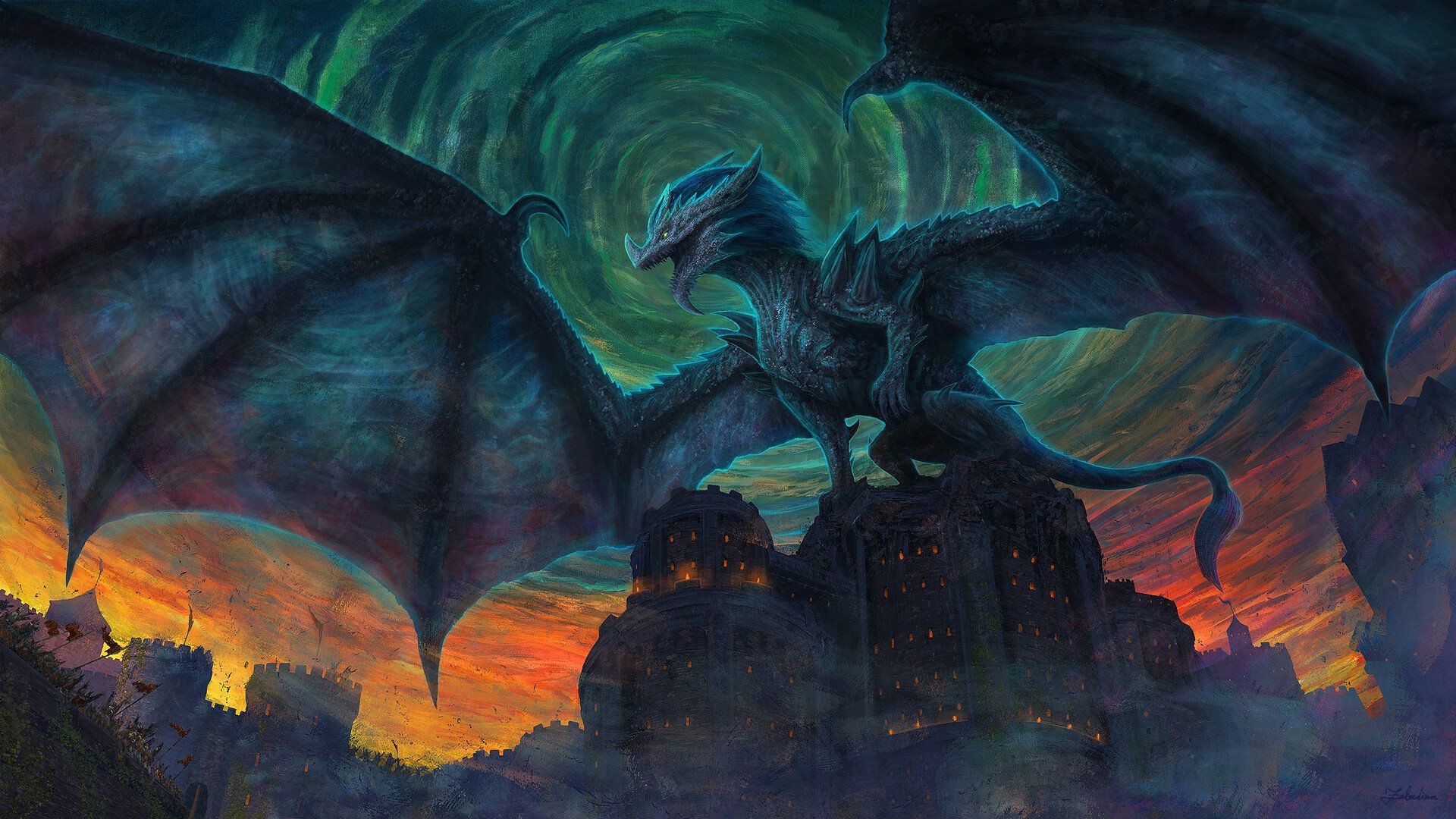 HD fantasy PC desktop wallpaper featuring a majestic dragon with expansive wings soaring above dark, ancient ruins under a swirling green sky at sunset.