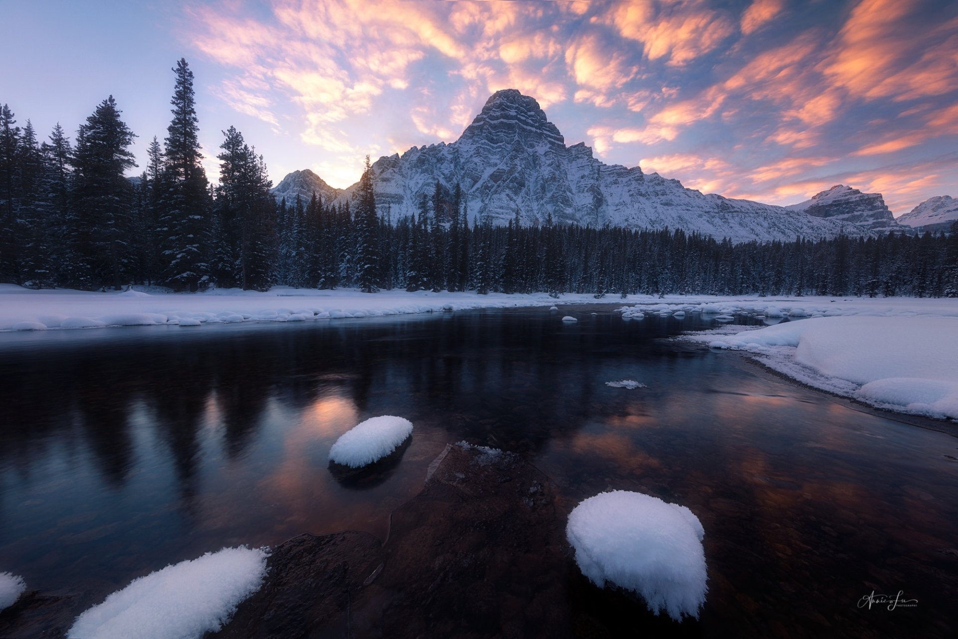 Download Nature River Mountain Sunset Snow Winter HD Wallpaper