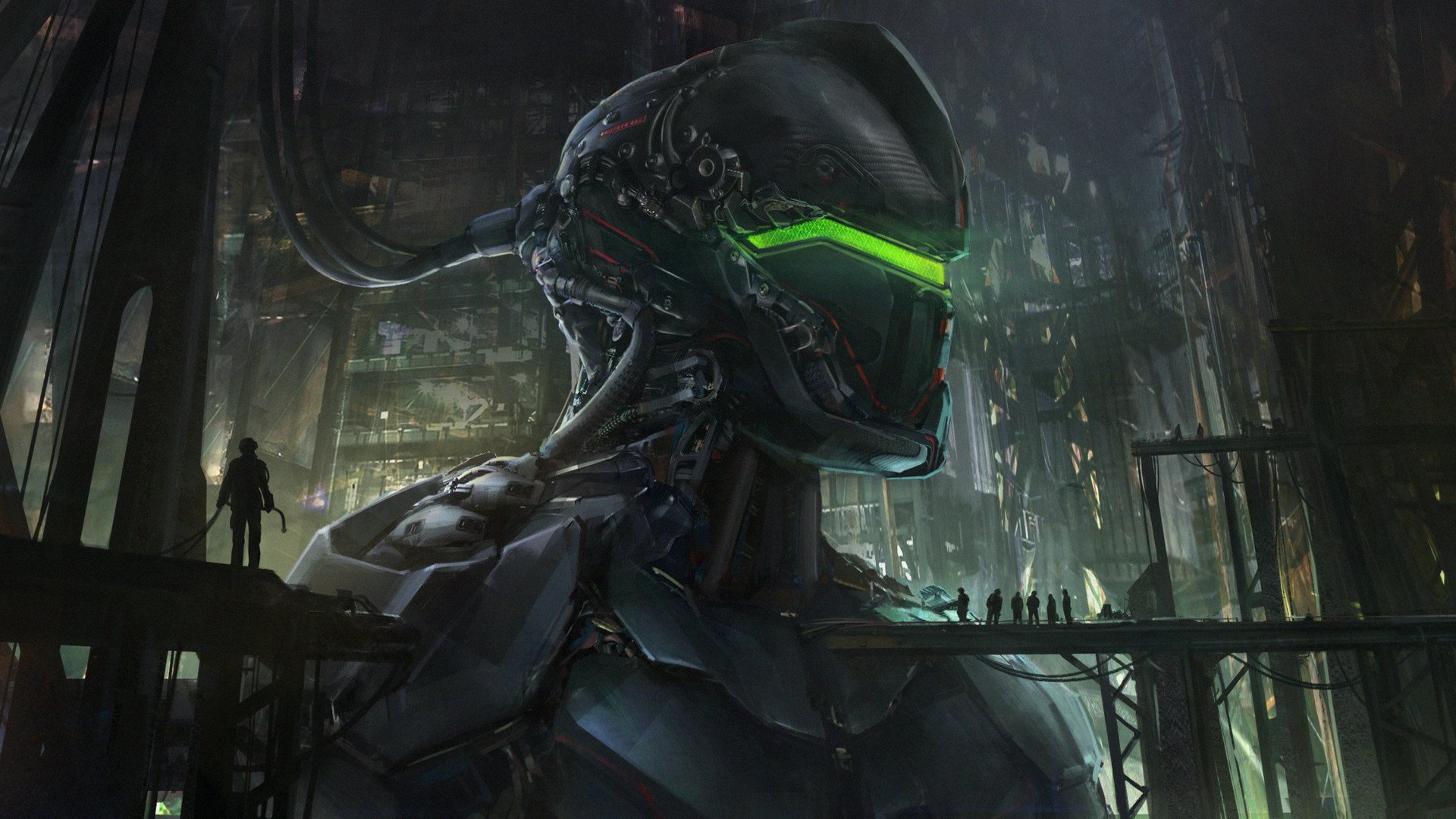 HD sci-fi desktop wallpaper featuring a detailed mech with glowing green visor in a dark, industrial environment, emphasizing futuristic technology and mechanical design.