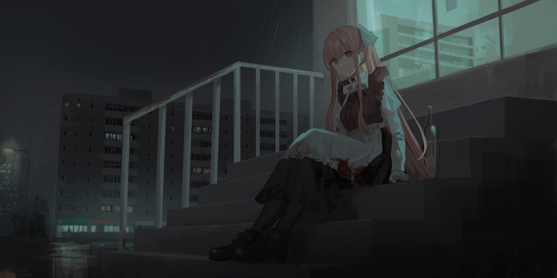 Anime-style girl with pink hair and orange eyes sitting on stairway at night, holding a bottle, against a backdrop of city buildings. HD desktop wallpaper, original art.