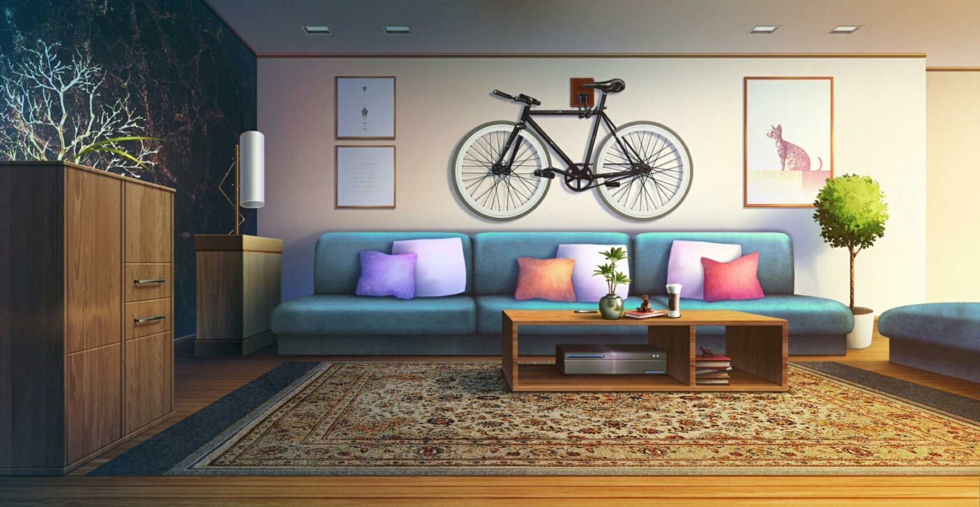 HD anime room wallpaper featuring a modern living space with a bike mounted on the wall, stylish sofa with colorful cushions, wooden furniture, and framed artwork.