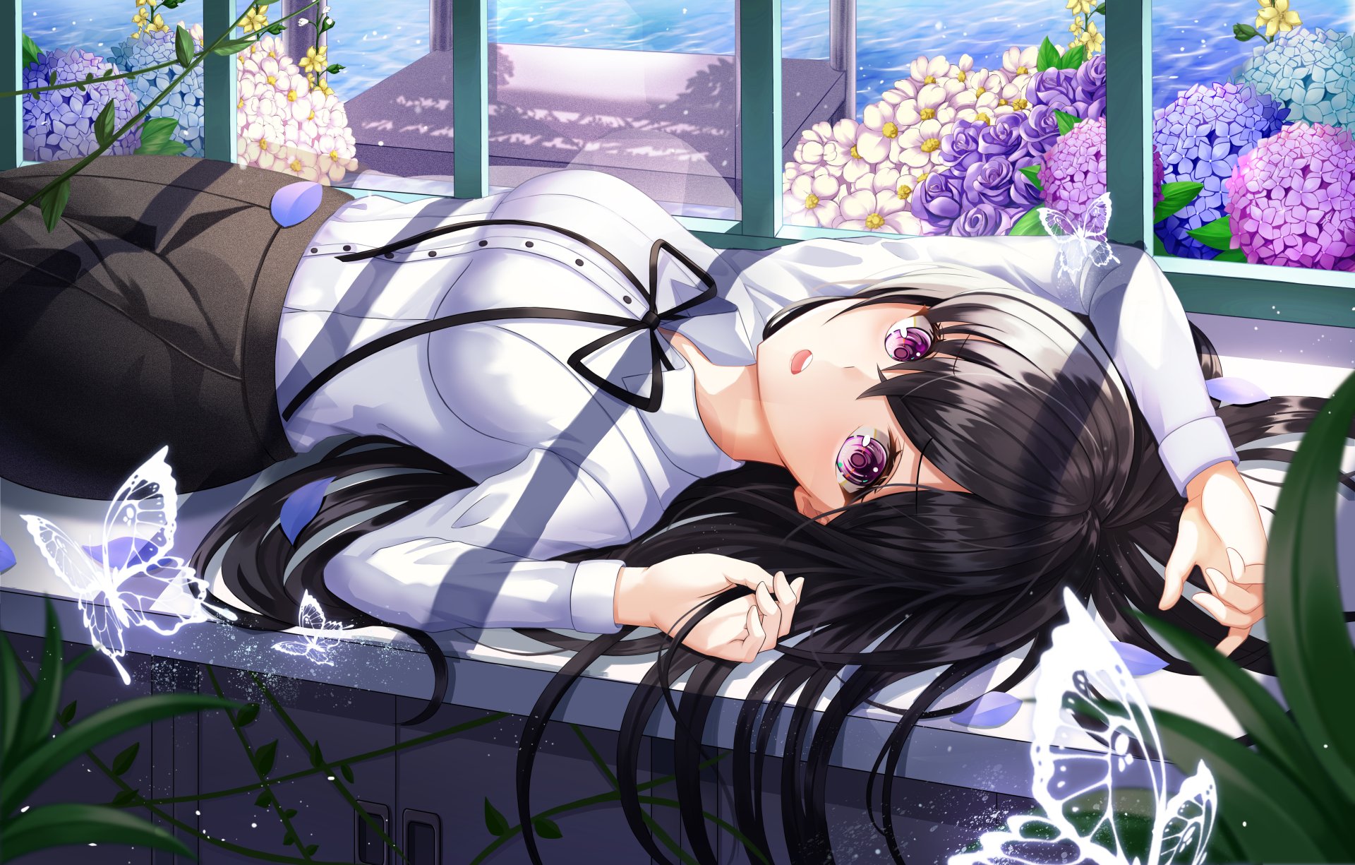 A black-haired anime character with purple eyes lies on a windowsill surrounded by flowers and butterflies. The vivid colors and serene outdoor view add to the charm of this HD desktop wallpaper and background.