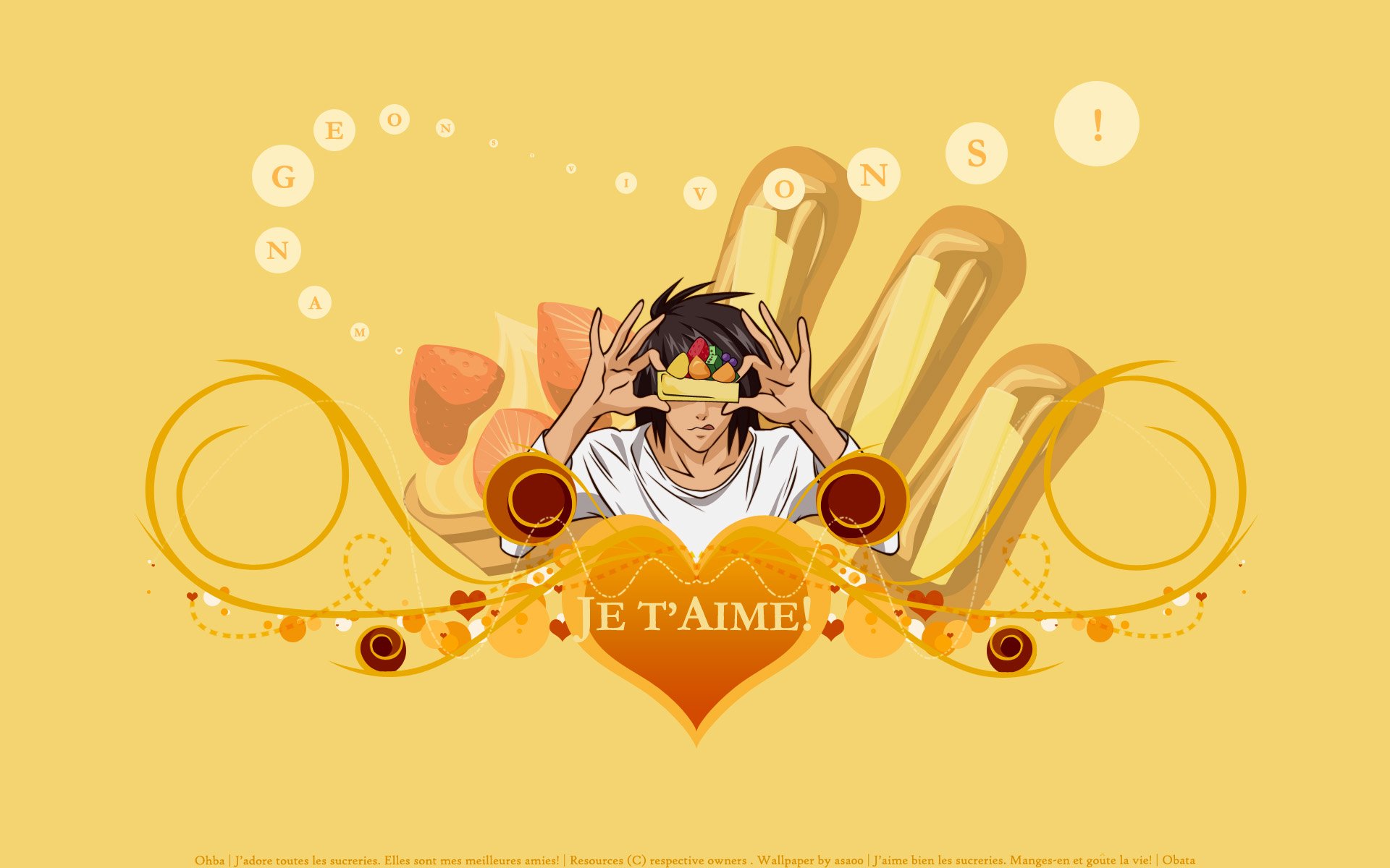 HD Anime desktop wallpaper featuring a character from Death Note with a vibrant orange background and the text Je t'aime in the center.