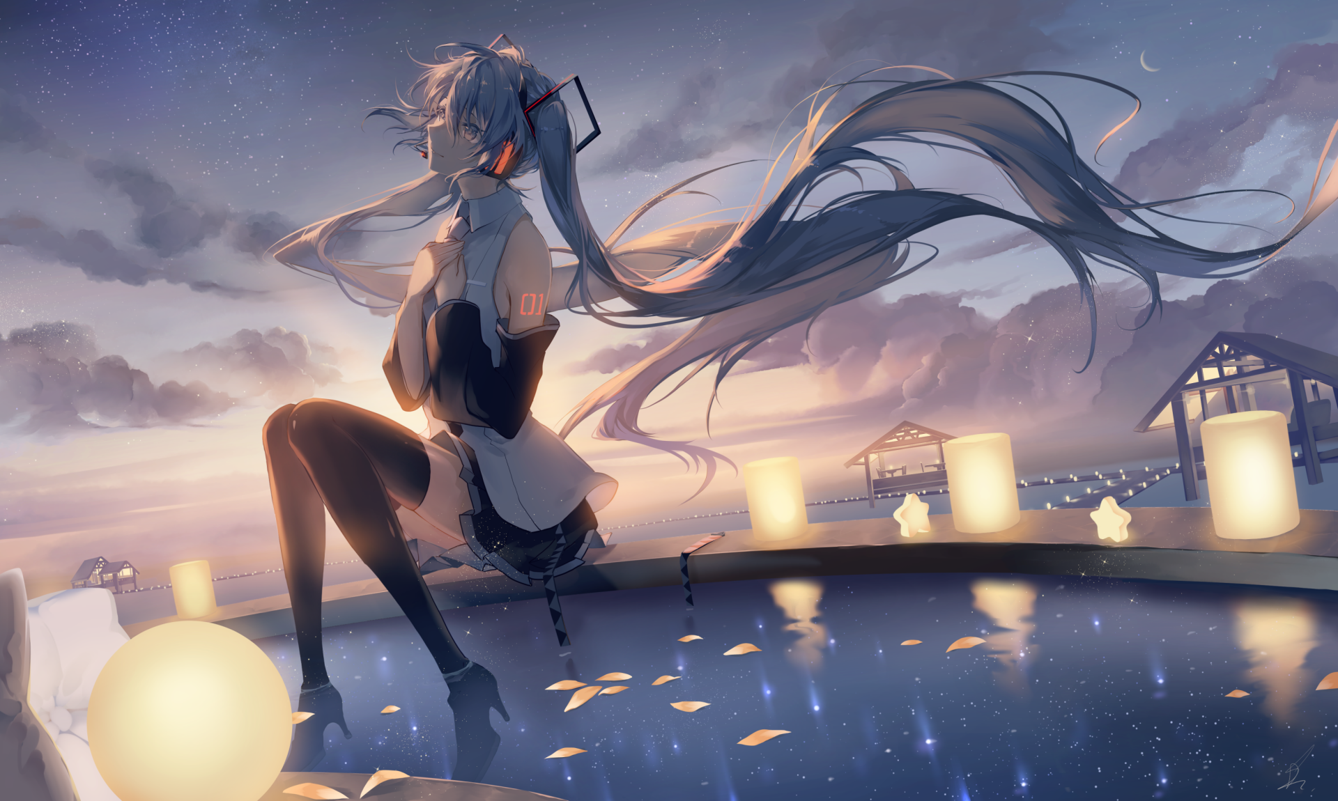 HD anime desktop wallpaper featuring Hatsune Miku by a glowing pond under a twilight sky, blending Vocaloid aesthetics with serene, atmospheric lighting.