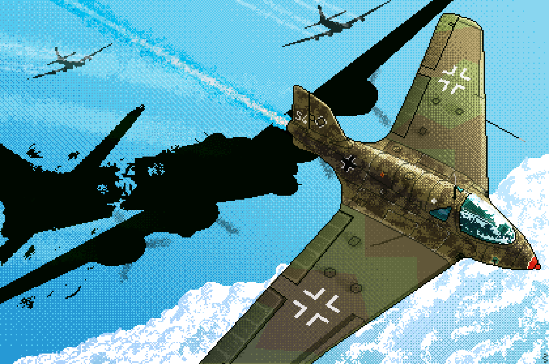 HD PC desktop wallpaper featuring artistic pixel art of World War II-era fighter planes flying against a bright blue sky with scattered clouds.