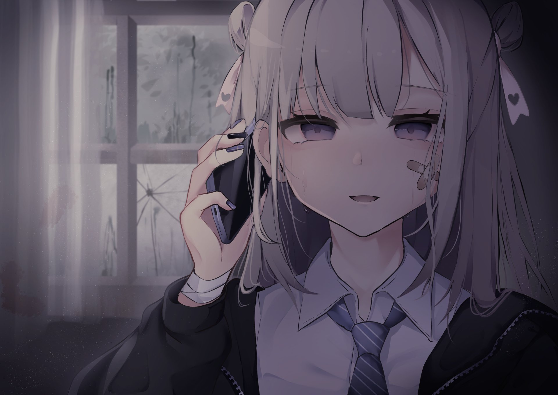 Anime-style HD desktop wallpaper featuring a girl with purple eyes holding a phone, set against a softly lit background.