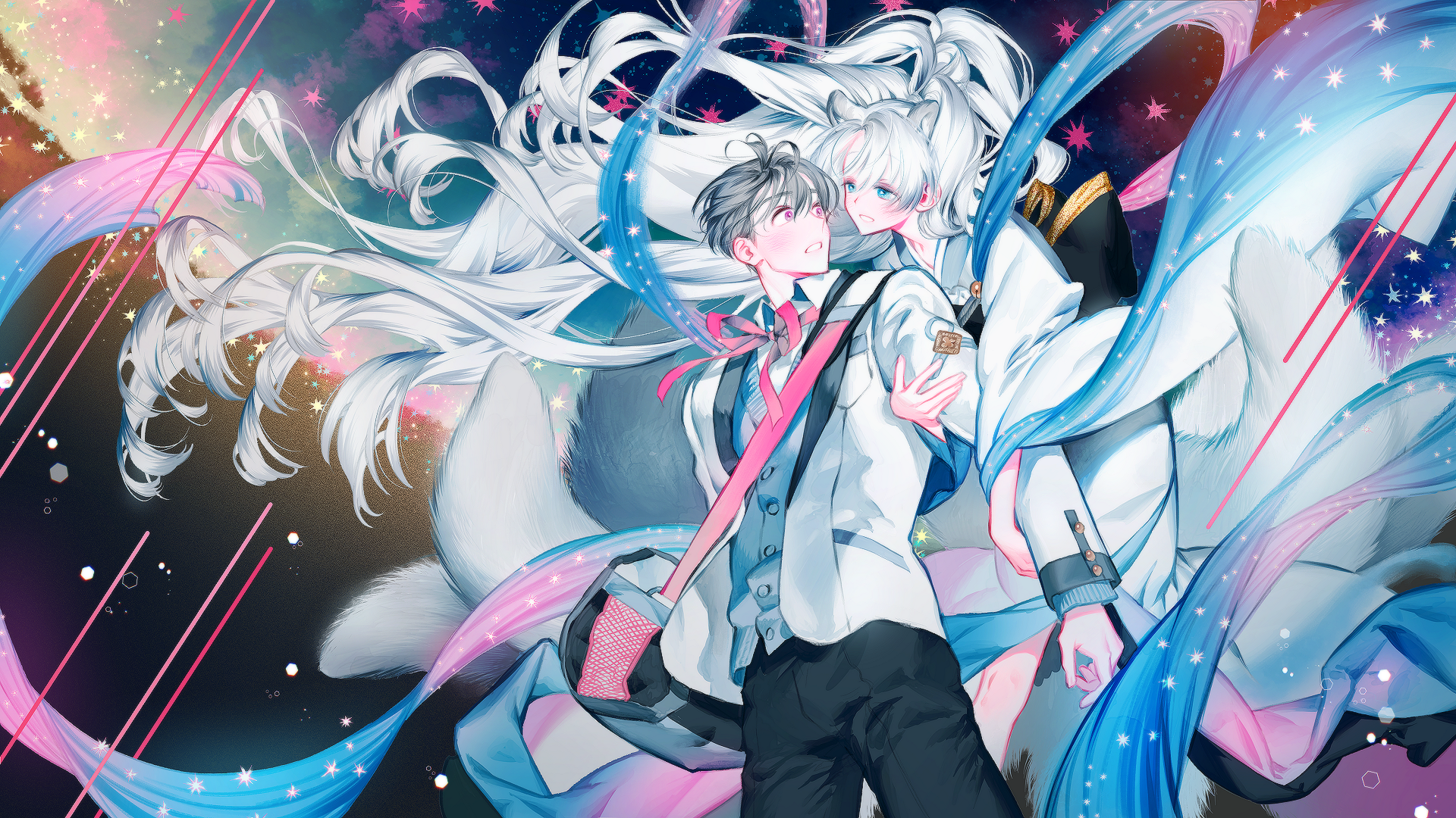 Anime-style original HD PC desktop wallpaper featuring two characters with flowing hair and vibrant, dynamic colors in a cosmic, energetic background.