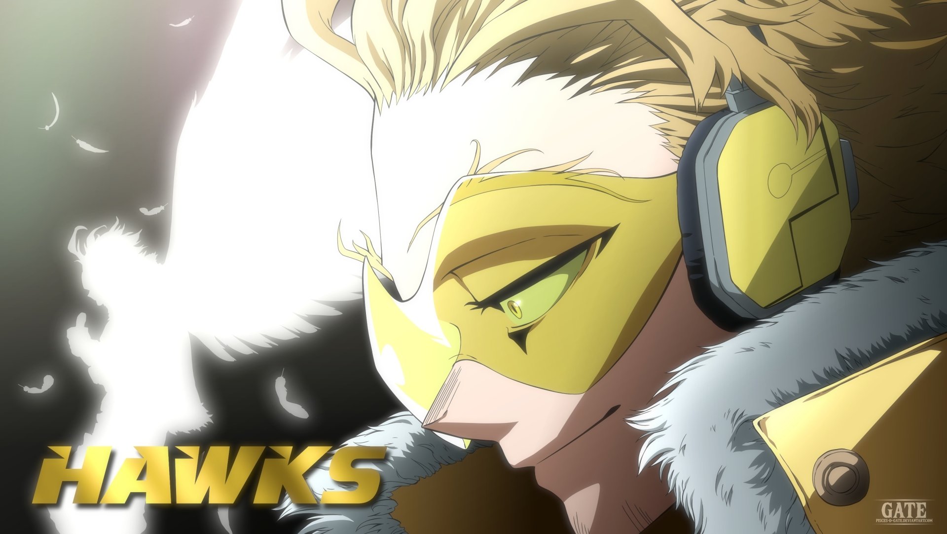 2K Quad HD PC wallpaper of Hawks from My Hero Academia: close-up profile with yellow mask and headset, windswept blond hair, white feathers and HAWKS logo.