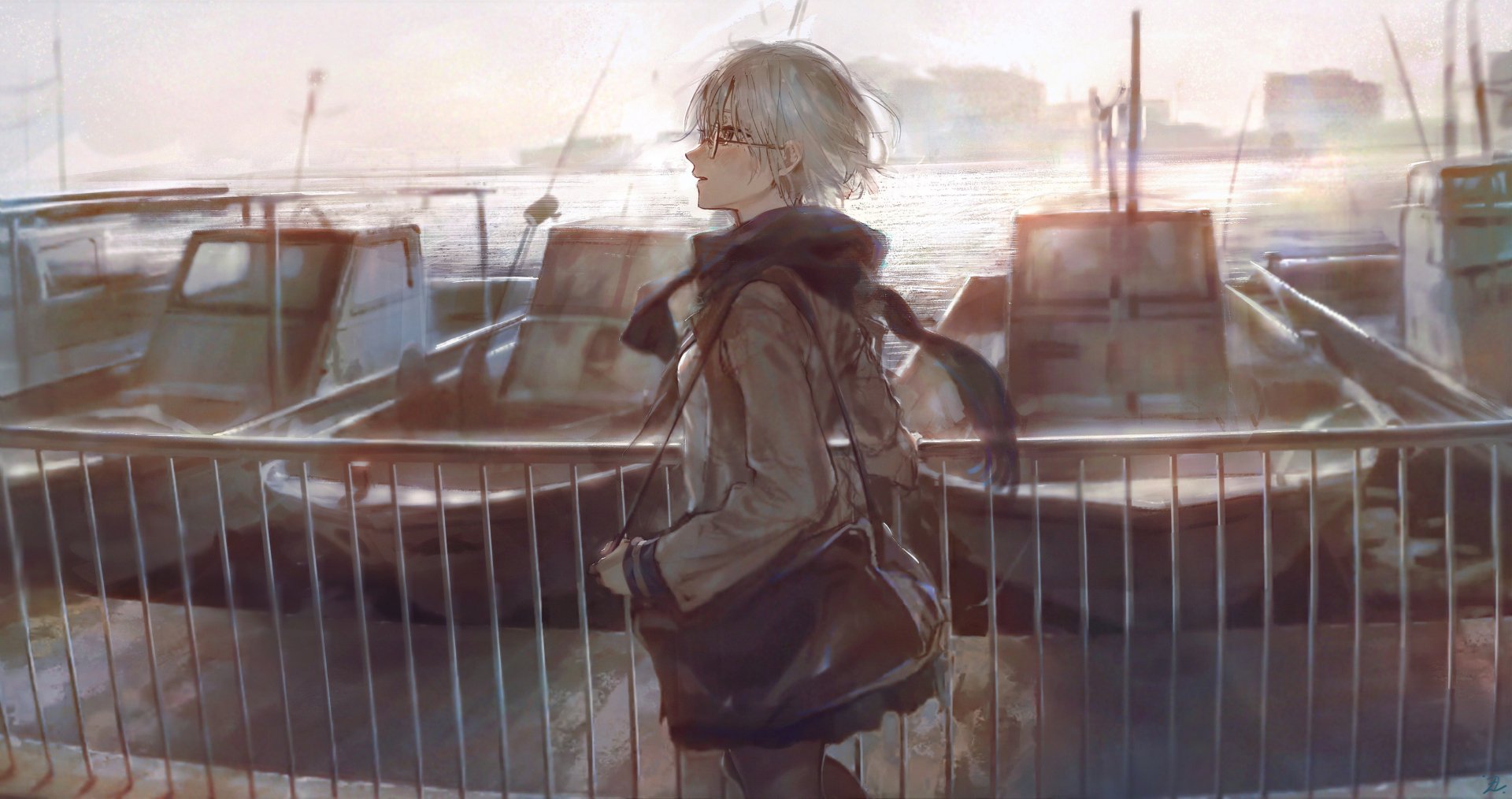 Anime-style original character with white hair standing by a waterfront, detailed in 4K Ultra HD, designed as a PC desktop wallpaper and background.