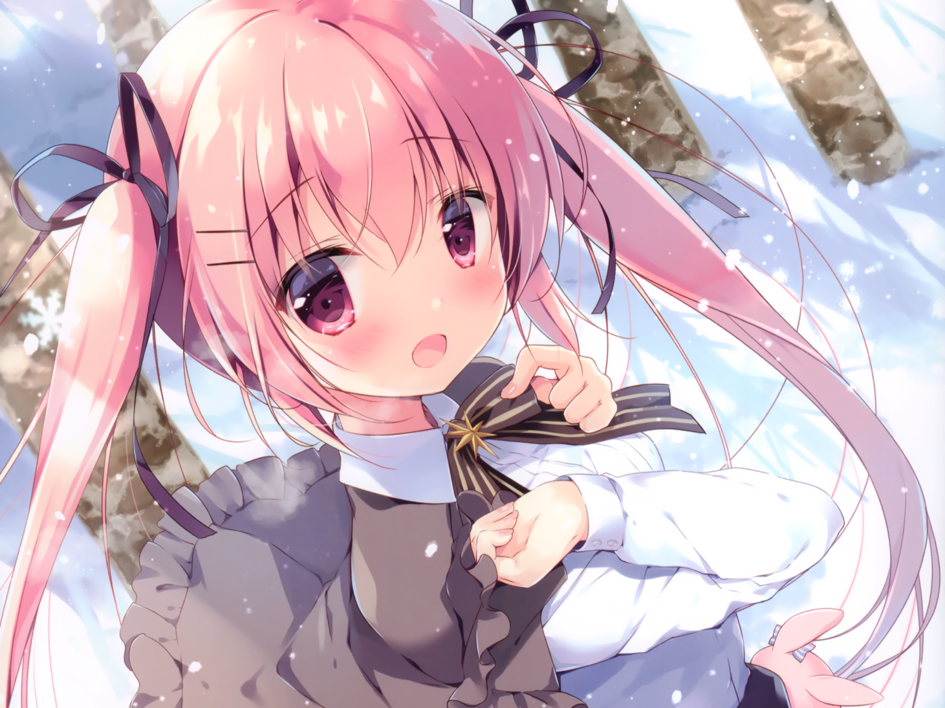 HD desktop wallpaper featuring an original anime character with pink hair in twintails and pink eyes, standing in a snowy landscape with a charming and expressive look.