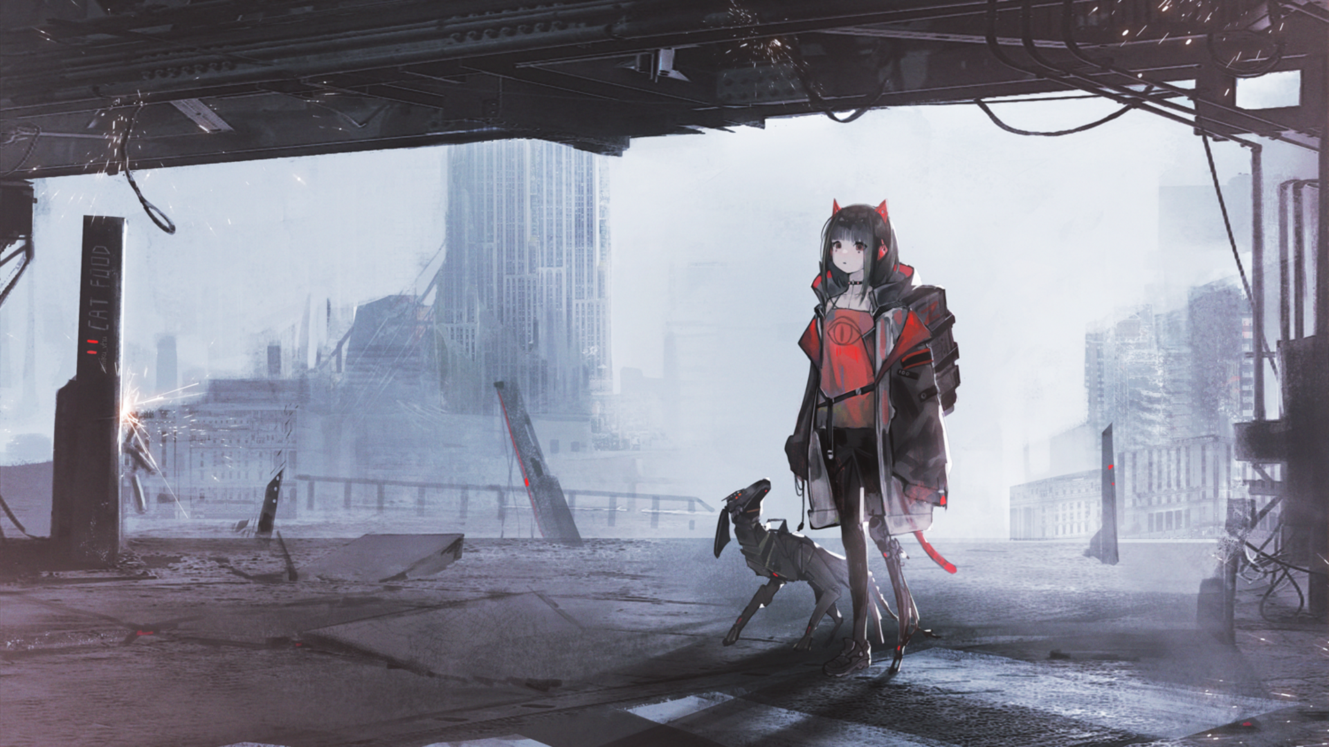 HD anime-style desktop wallpaper featuring a futuristic robot girl and a mechanical dog in a misty, industrial cityscape with a moody atmosphere.