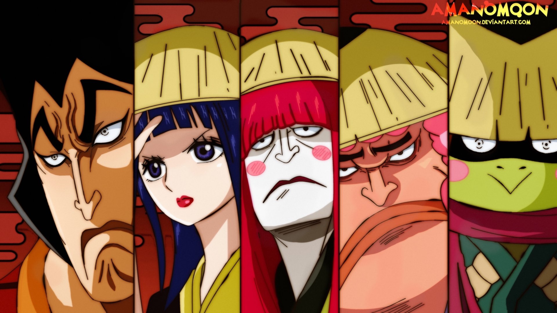 One Piece anime 4K Ultra HD PC desktop wallpaper and background: five stylized character portraits in vertical panels, bold colors and dramatic expressions across a widescreen composition.