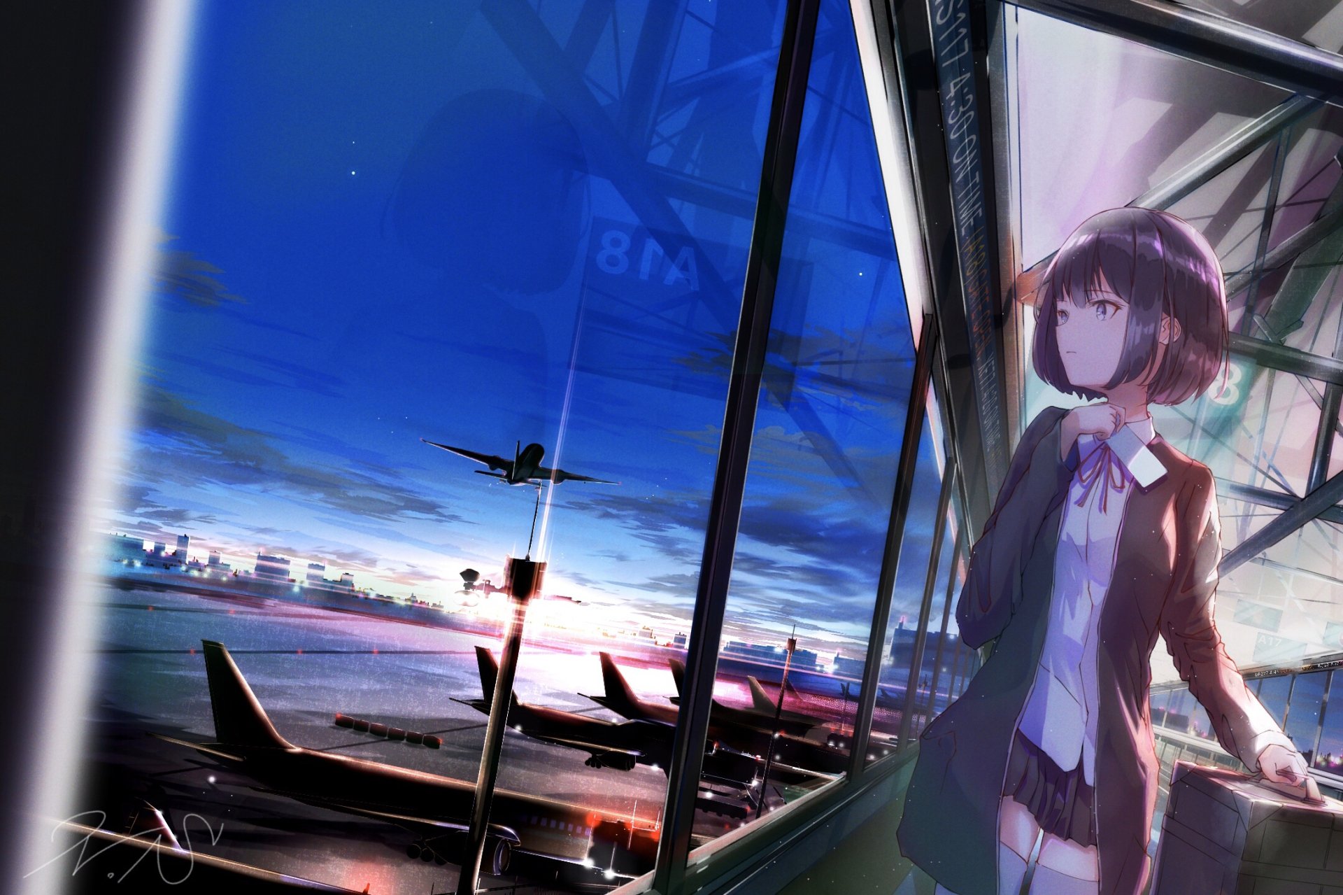 Anime-style HD desktop wallpaper depicting a girl in a school uniform standing inside an airport terminal with planes visible outside during sunset.