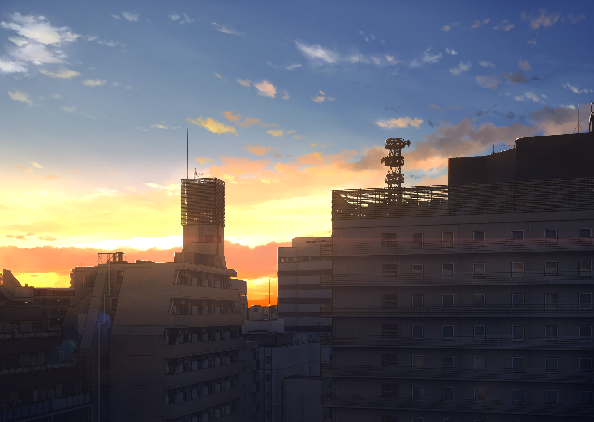 HD anime-style desktop wallpaper featuring a vibrant sunset with clouds and a richly colored sky behind silhouetted urban buildings.