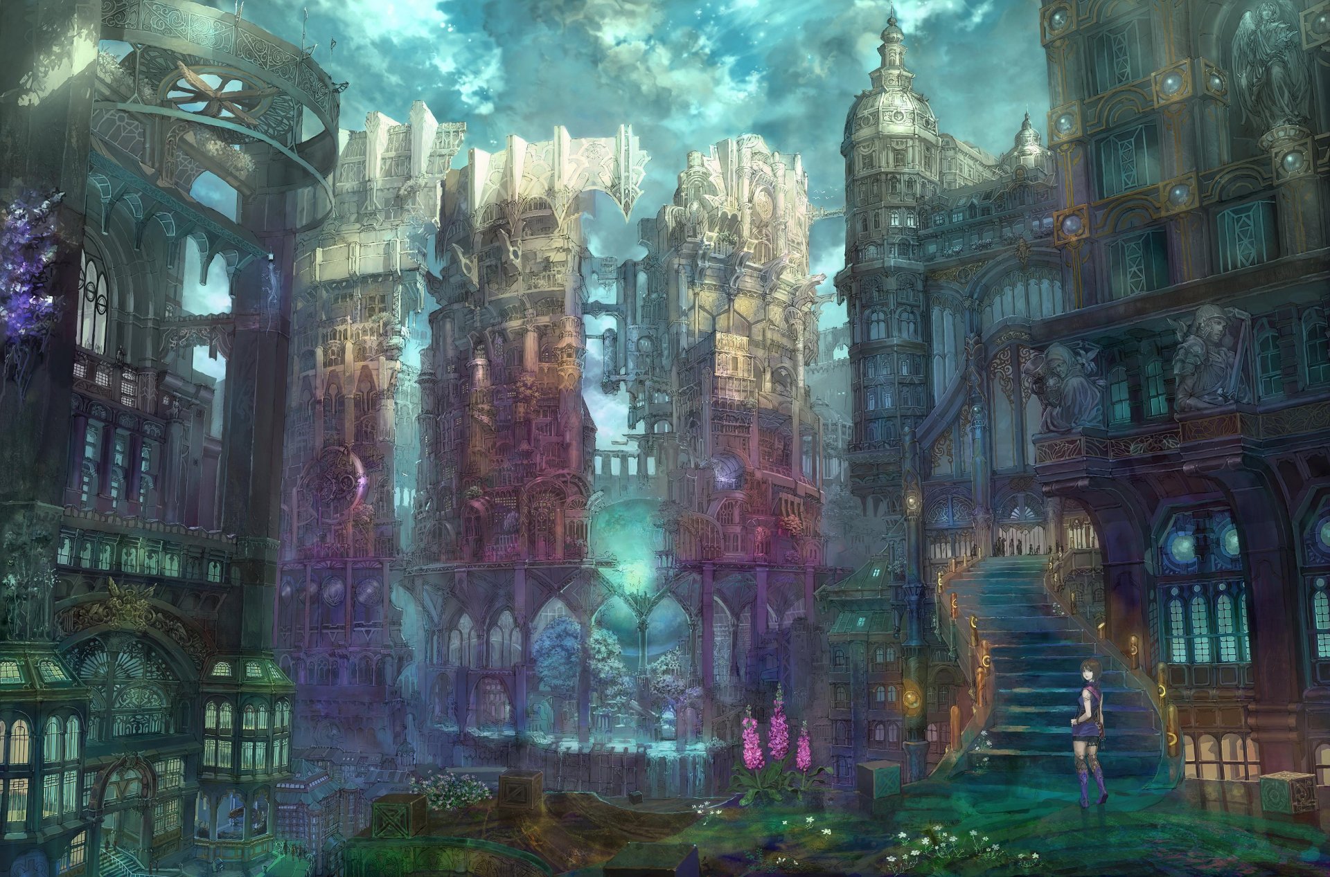 A vibrant fantasy city teeming with artistic architecture and ethereal colors, creating a captivating HD wallpaper background filled with enchanting details.