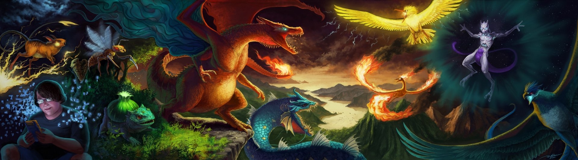HD PC desktop wallpaper featuring fiery Charizard, legendary Moltres, Articuno, Zapdos, and aquatic Gyarados battling alongside Pokemon like Beedrill, Raichu, Venusaur, and Mewtwo.