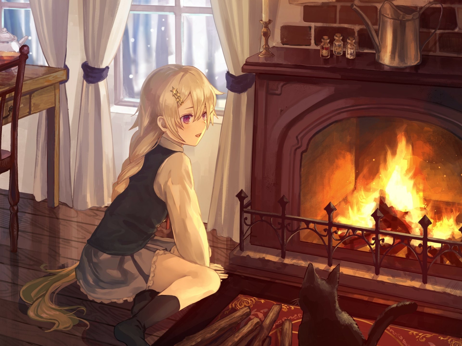 Anime-style girl with light hair sitting by a roaring fireplace, a black cat nearby, in a cozy room—HD PC desktop wallpaper featuring original anime art.