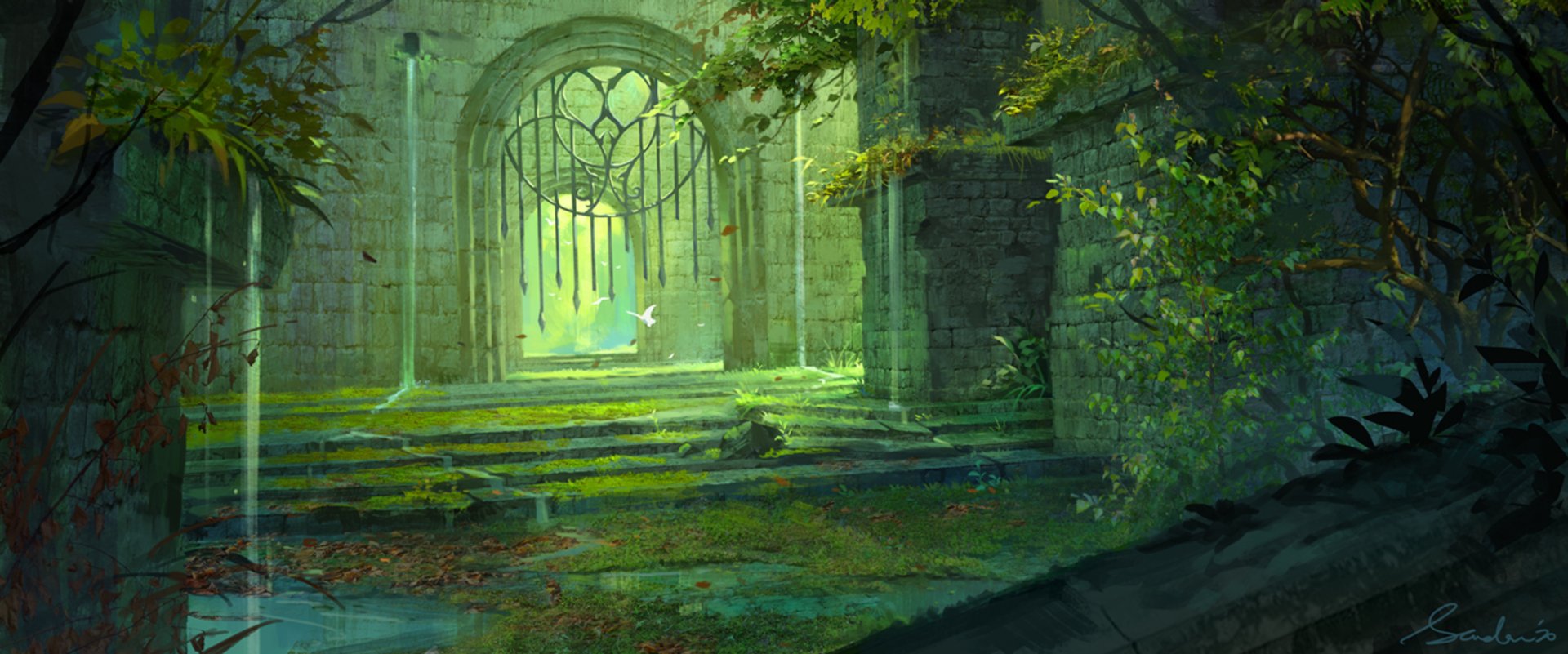 HD anime-style desktop wallpaper depicting lush greenery surrounding ancient stone arches, bathed in soft natural light, creating a serene and original fantasy atmosphere.