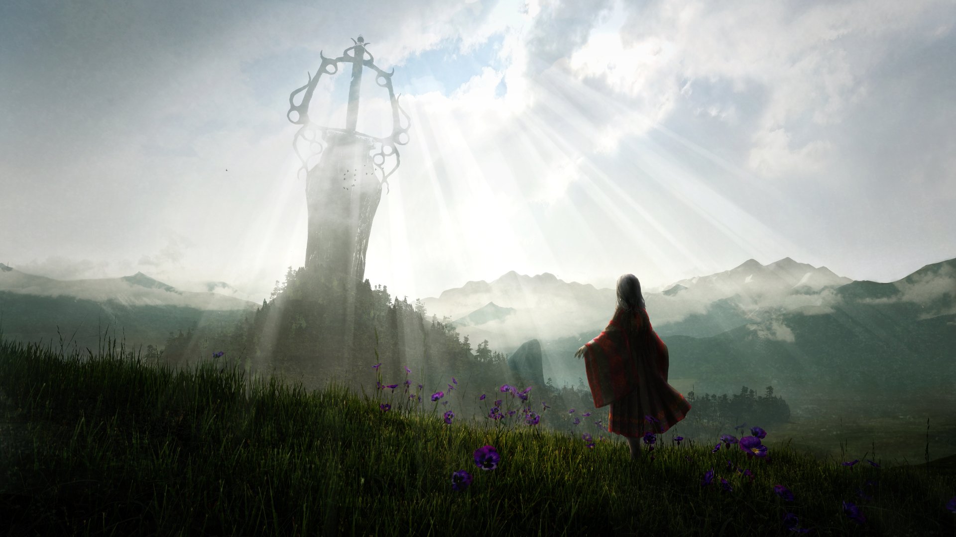 4K Ultra HD Anime-style desktop wallpaper featuring a silhouetted figure standing in a grassy field with purple flowers under a radiant sky and towering mystical structure.