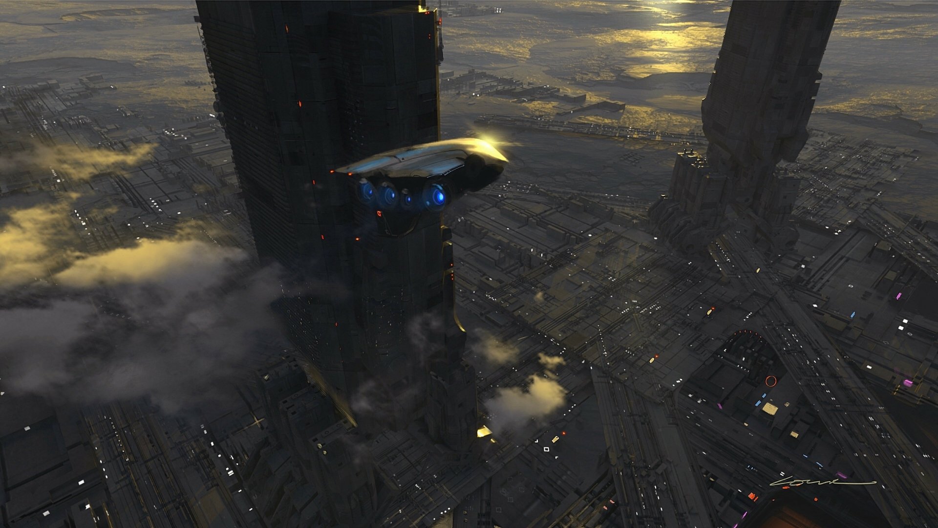 HD PC desktop wallpaper featuring a sci-fi spaceship flying above a sprawling futuristic cityscape at dusk.