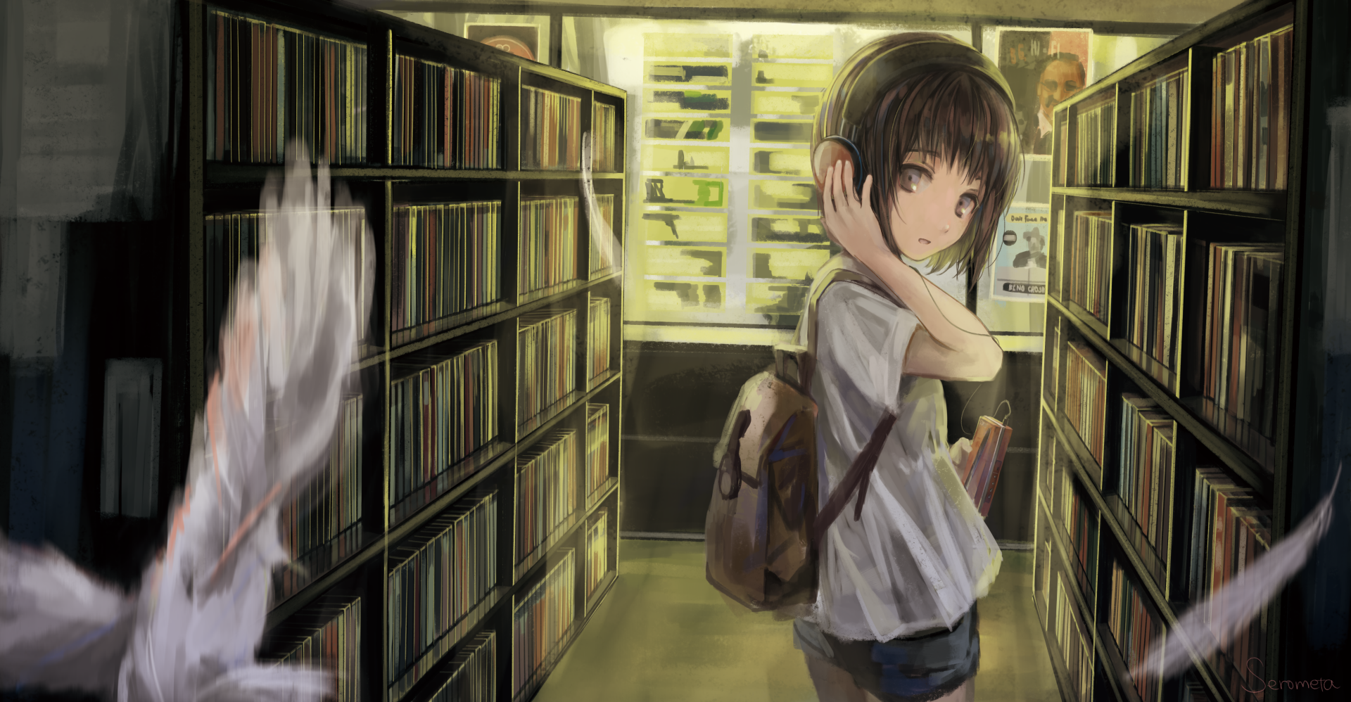 Anime-style 4K Ultra HD desktop wallpaper featuring an original character with short black hair in a library aisle, wearing headphones and carrying a backpack.