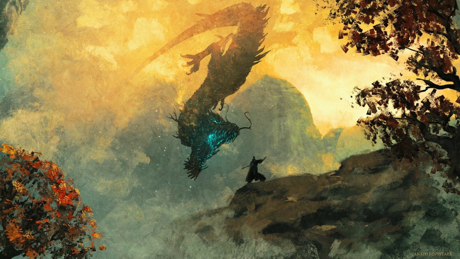 HD desktop wallpaper featuring a dramatic dragon and Sekiro character from the video game Sekiro: Shadows Die Twice in a misty, atmospheric landscape.