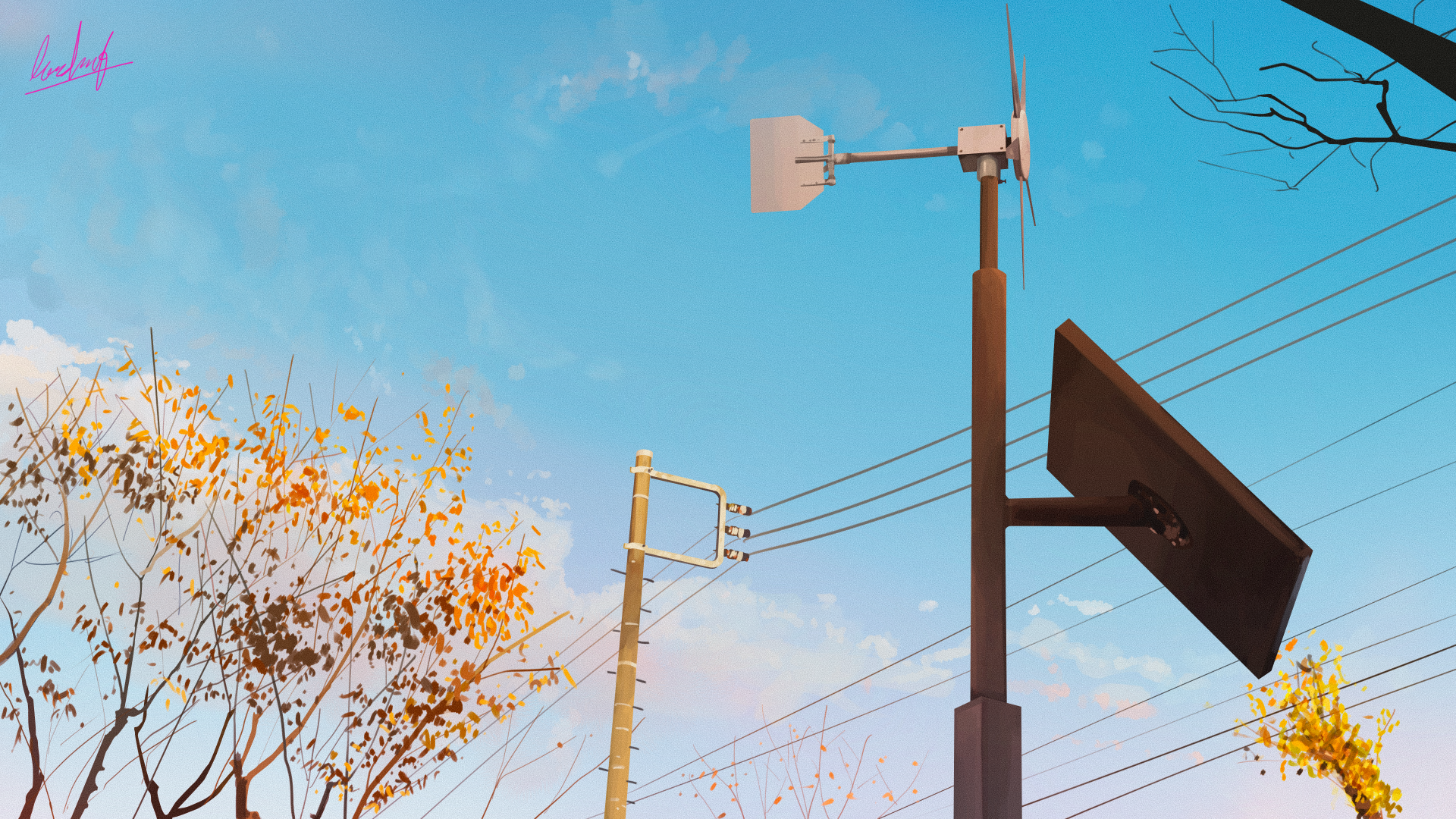 4K Ultra HD anime-style autumn sky with clear blue backdrop, power lines, and fall foliage, creating a serene and original seasonal PC desktop wallpaper.