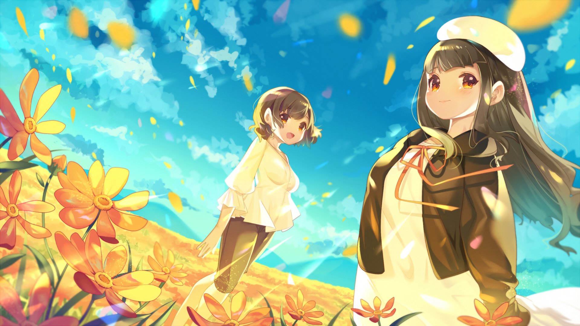 Anime-style HD desktop wallpaper featuring two girls standing in a vibrant flower field under a bright blue sky with scattered blossoms.