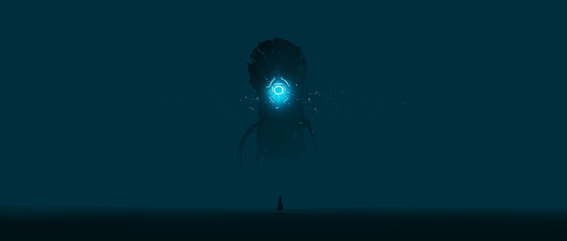 A Sci-Fi alien with a glowing blue eye emerging from darkness, depicted in stunning detail for a 4K Ultra HD PC desktop wallpaper and background.