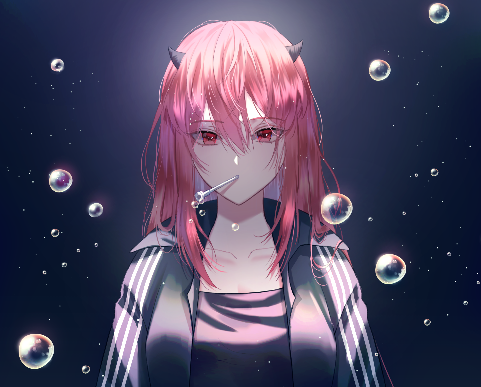 HD desktop wallpaper featuring an anime girl with pink hair, red eyes, and a melancholy expression, surrounded by bubbles against a dark background.