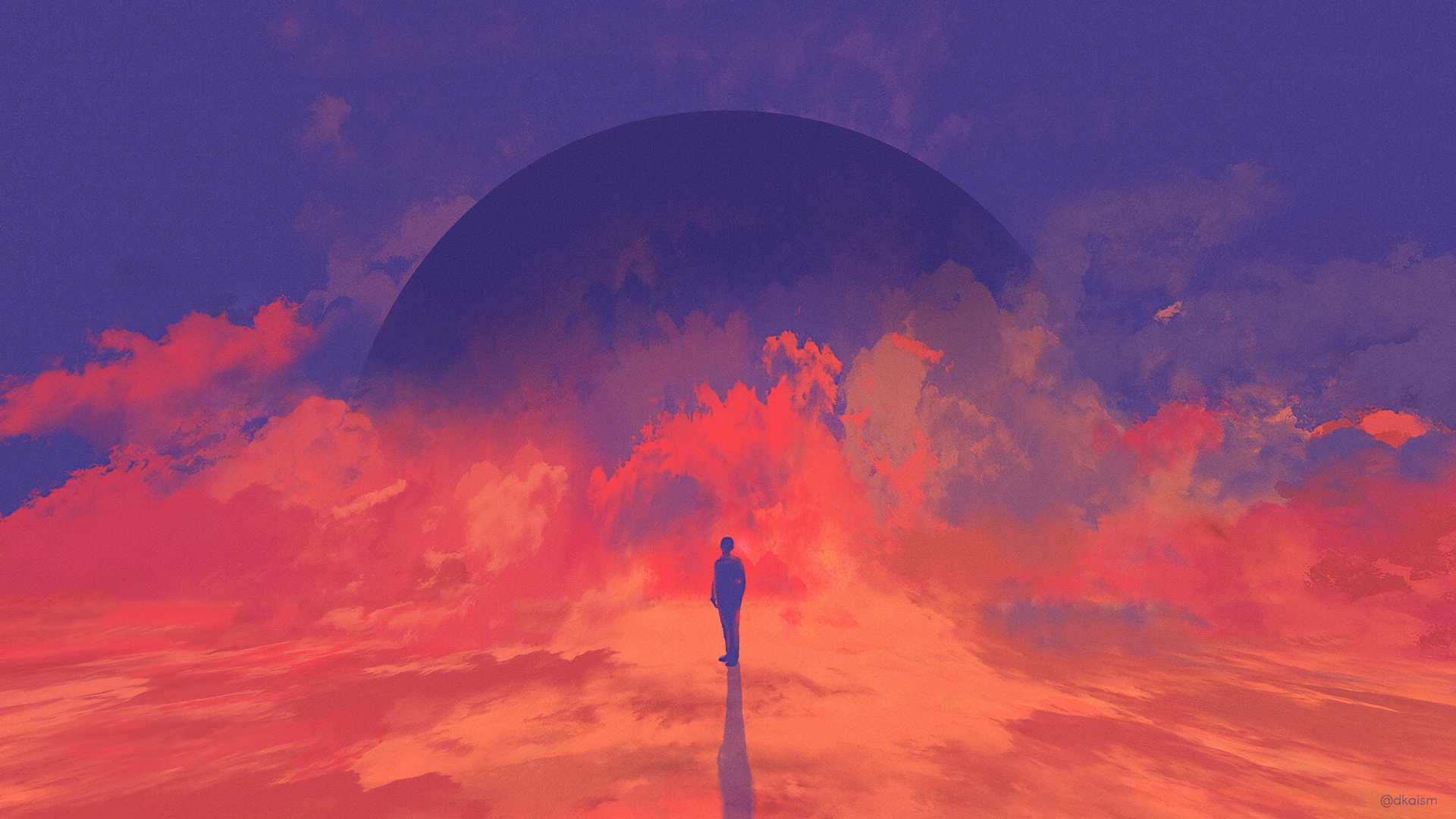 A lone figure stands amid vibrant pink and purple clouds beneath a massive planet rising on a Sci-Fi 4K Ultra HD desktop wallpaper.
