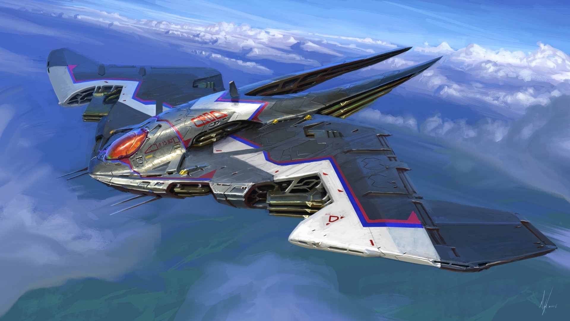 Sci-fi spaceship streaks above clouds, sleek angular hull and glowing cockpit — 2K Quad HD PC desktop wallpaper and background.