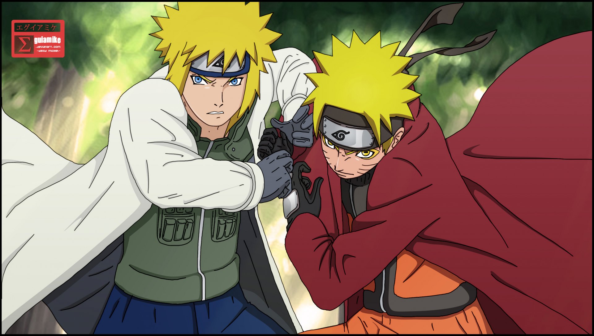 Minato Namikaze and Naruto Uzumaki pose dynamically in this HD anime wallpaper, showcasing their iconic styles from the Naruto series against a vibrant, green backdrop.
