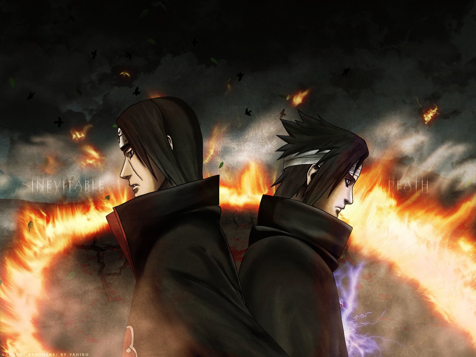 Itachi and Sasuke Uchiha stand back to back in this striking HD wallpaper from the anime Naruto, surrounded by a dramatic fiery background.