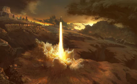 A sci-fi rocket launches from a rugged, rocky landscape under a dramatic, cloud-filled sky, rendered in HD for a striking PC desktop wallpaper background.