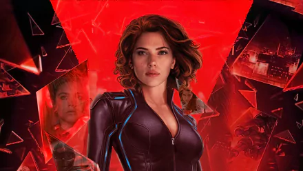 HD desktop wallpaper featuring Scarlett Johansson as Black Widow, set against a fiery red background with shattered glass effects and additional character images.