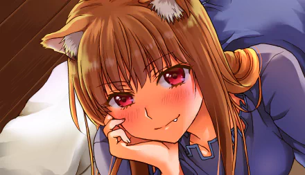 Close-up HD anime wallpaper of Holo from Spice & Wolf, featuring her red eyes, fox ears, and playful smile against a cozy indoor background.