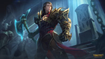 Heimdallr from the video game Smite stands poised with a glowing axe in a detailed 4K Ultra HD PC desktop wallpaper background.