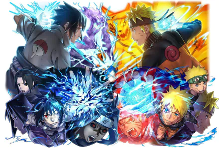 HD PC desktop wallpaper featuring Naruto Uzumaki and Sasuke Uchiha using Rasengan and Chidori techniques in vibrant, dynamic anime style from Naruto series.