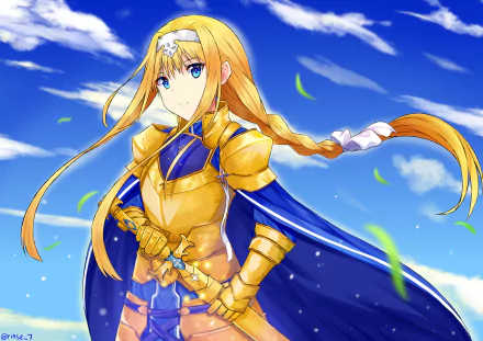 HD PC desktop wallpaper featuring Alice Zuberg from the anime Sword Art Online: Alicization, depicted in golden armor with a blue cape against a bright sky backdrop.