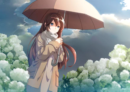 Anime girl with long hair holding an umbrella, standing amidst blossoming white flowers. Background features a cloudy sky. HD wallpaper and background image.