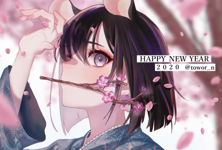 Anime-style 4K Ultra HD wallpaper featuring a character with purple eyes holding a cherry blossom branch, surrounded by soft pink petals in an original art design.