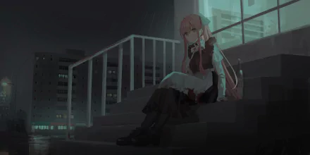Anime-style girl with pink hair and orange eyes sitting on stairway at night, holding a bottle, against a backdrop of city buildings. HD desktop wallpaper, original art.