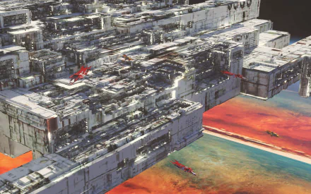 A detailed sci-fi space station hovers above a vibrant, alien landscape, showcasing intricate architecture and bold colors, making a striking HD desktop wallpaper.