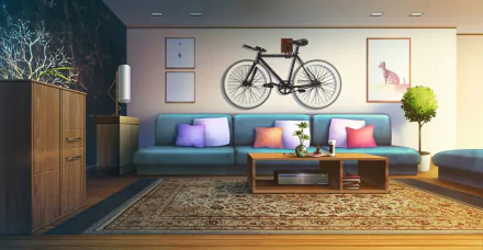 HD anime room wallpaper featuring a modern living space with a bike mounted on the wall, stylish sofa with colorful cushions, wooden furniture, and framed artwork.