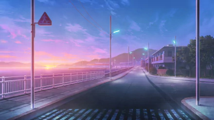 A high-definition anime desktop wallpaper featuring a serene coastal street at sunset, with soft pastel skies and mountains in the background.