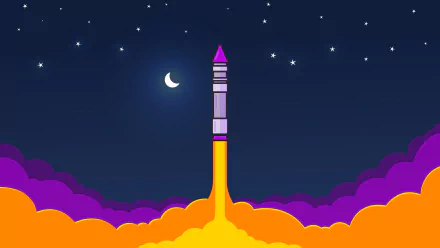 HD desktop wallpaper featuring a sci-fi rocket launching into a starry night sky, with a crescent moon and vibrant orange and purple smoke clouds.