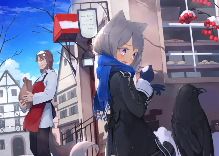 Anime-style HD desktop wallpaper featuring a short-haired character with animal ears and a blue scarf, standing near a crow in a quaint village setting.