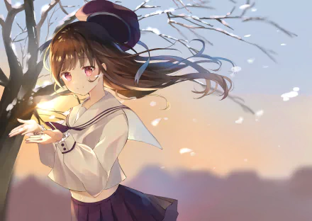 Anime girl with brown hair and pink eyes stands by a tree at sunset, holding glowing light in her hands. HD PC desktop wallpaper and background.